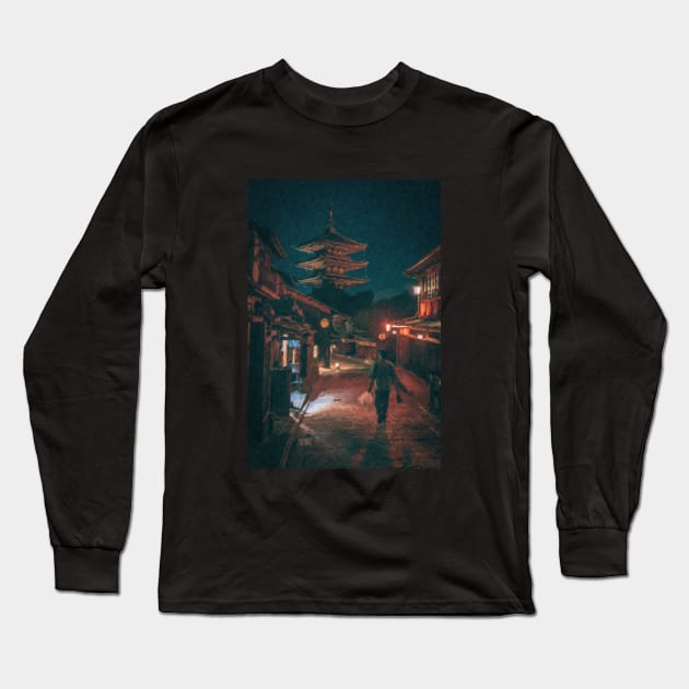 Japan Streets at Night painting Long Sleeve T-Shirt by SatisfyingPaintings2